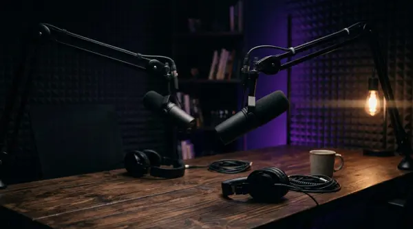 Podcast microphones in a studio